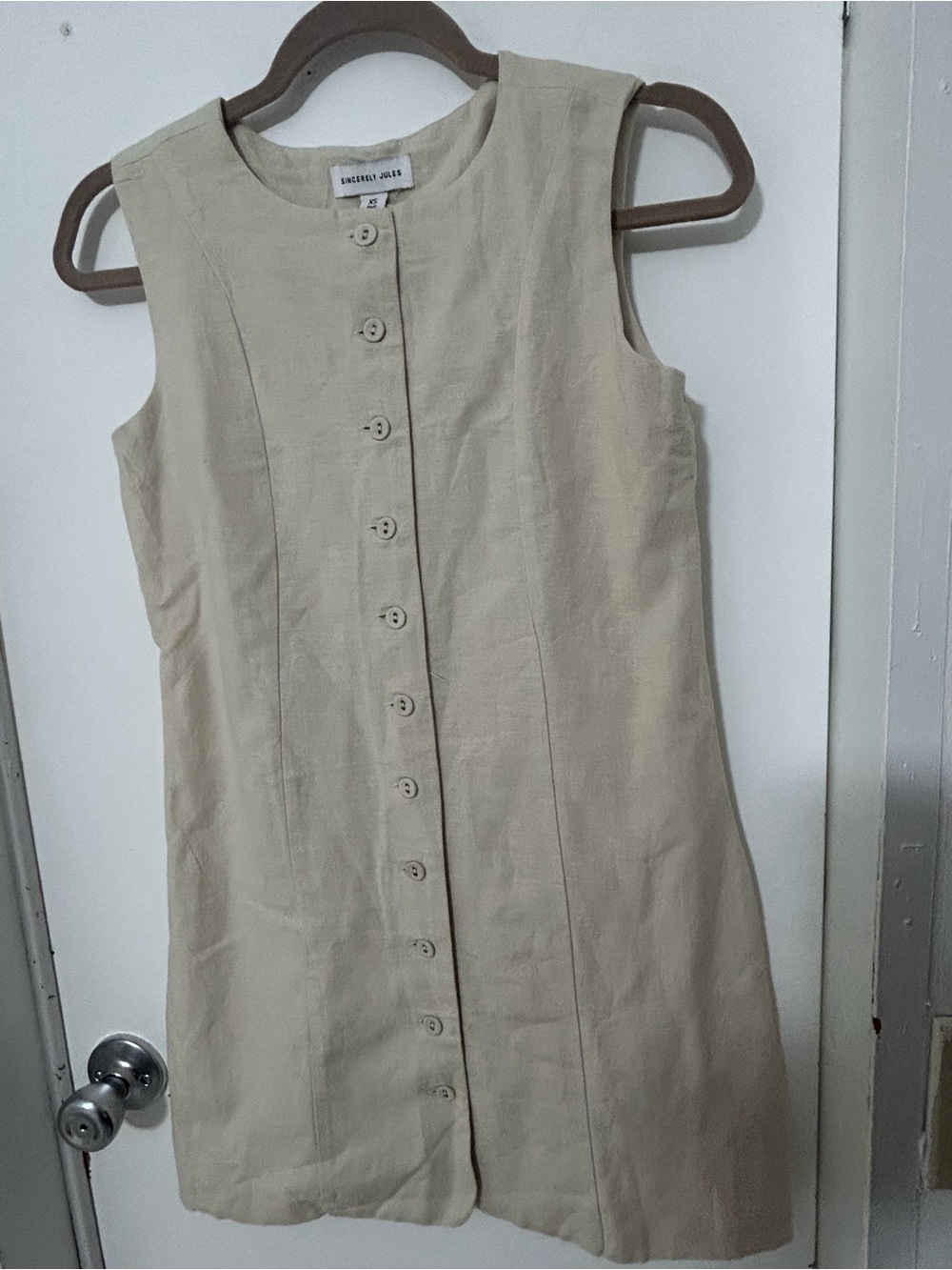 Sincerely Jules Sleeveless Button-Front Mini Dress in Beige